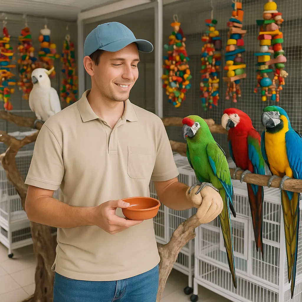 An aviary caretaker feeding and handling exotic parrots, including macaws and a cockatoo, inside a professional bird facility.
